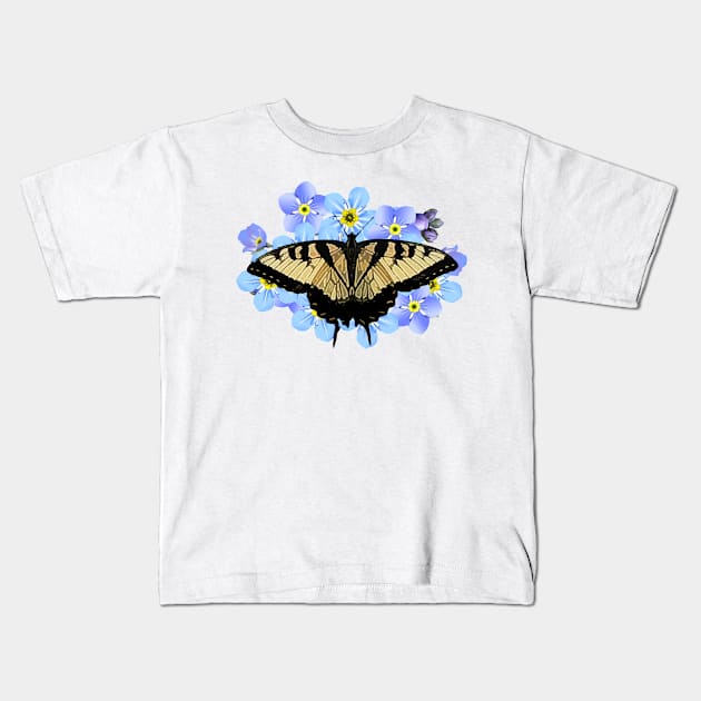 Swallowtail Butterfly On Blue Flowers Kids T-Shirt by PhotoArts